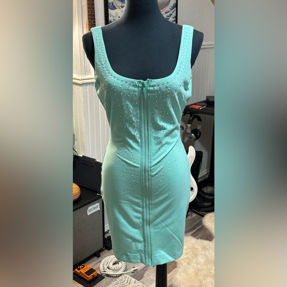 bebe Zip-Up Bodycon Cyan Dress | Sz Small Women’s